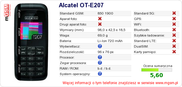 Dane telefonu Alcatel OT-E207
