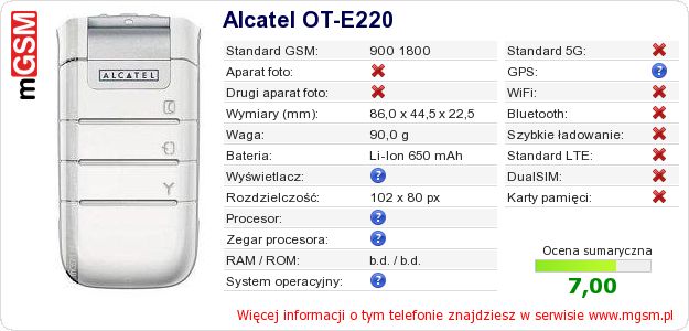 Dane telefonu Alcatel OT-E220