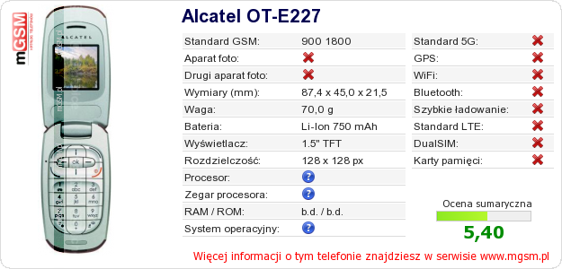 Dane telefonu Alcatel OT-E227 Dane telefonu Alcatel OT-E227