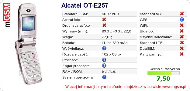 Dane telefonu Alcatel OT-E257 Dane telefonu Alcatel OT-E257