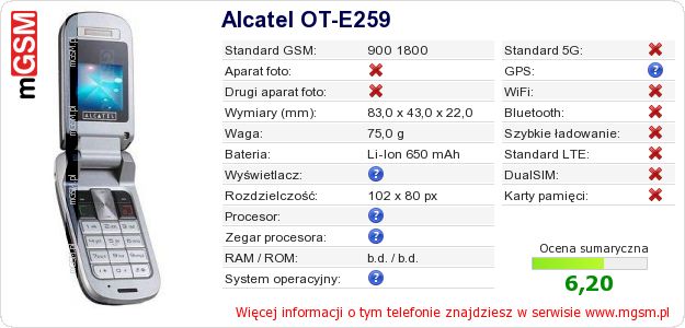 Dane telefonu Alcatel OT-E259