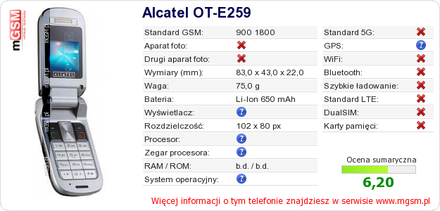 Dane telefonu Alcatel OT-E259