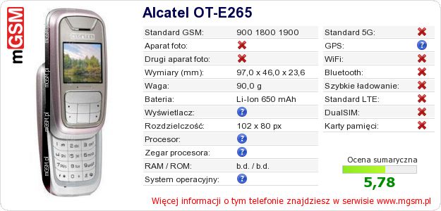Dane telefonu Alcatel OT-E265 Dane telefonu Alcatel OT-E265
