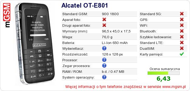 Dane telefonu Alcatel OT-E801