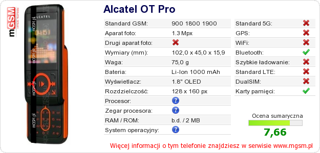 Dane telefonu Alcatel OT Pro