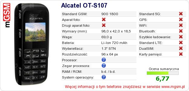 Dane telefonu Alcatel OT-S107