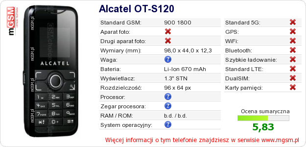 Dane telefonu Alcatel OT-S120