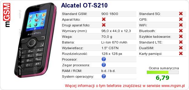 Dane telefonu Alcatel OT-S210