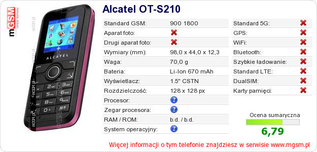 Dane telefonu Alcatel OT-S210