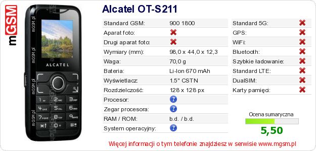 Dane telefonu Alcatel OT-S211 Dane telefonu Alcatel OT-S211