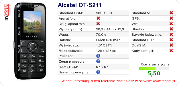 Dane telefonu Alcatel OT-S211