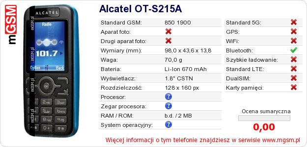 Dane telefonu Alcatel OT-S215A