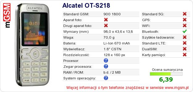 Dane telefonu Alcatel OT-S218 Dane telefonu Alcatel OT-S218