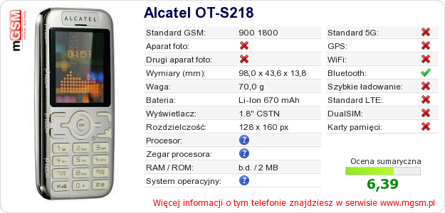 Dane telefonu Alcatel OT-S218