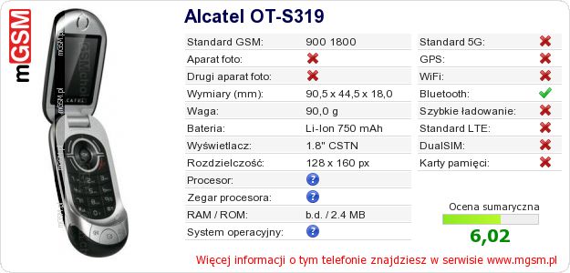Dane telefonu Alcatel OT-S319 Dane telefonu Alcatel OT-S319