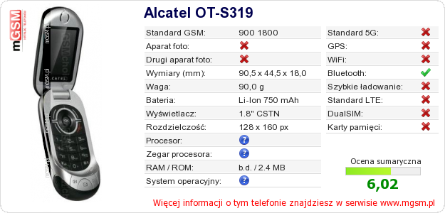 Dane telefonu Alcatel OT-S319