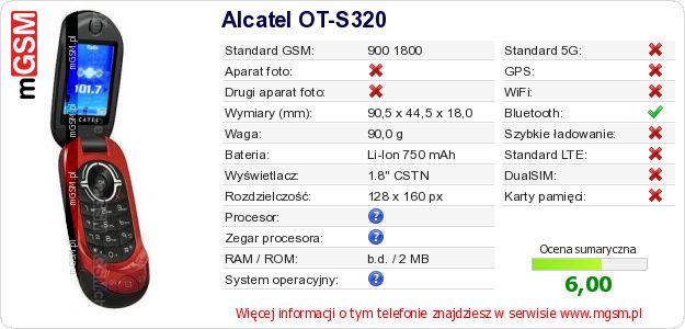 Dane telefonu Alcatel OT-S320 Dane telefonu Alcatel OT-S320
