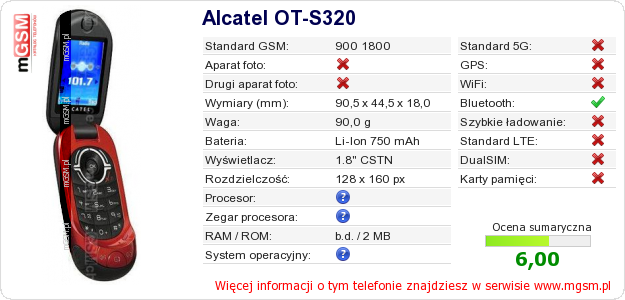 Dane telefonu Alcatel OT-S320