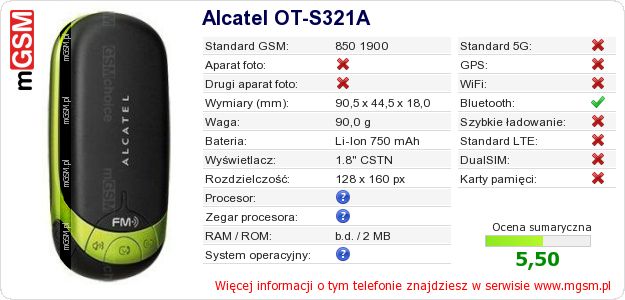 Dane telefonu Alcatel OT-S321A Dane telefonu Alcatel OT-S321A