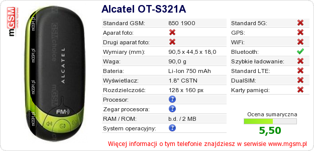 Dane telefonu Alcatel OT-S321A