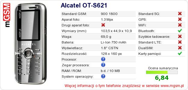 Dane telefonu Alcatel OT-S621