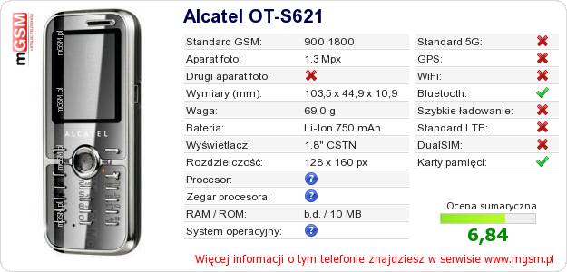 Dane telefonu Alcatel OT-S621 Dane telefonu Alcatel OT-S621