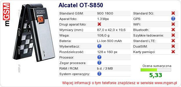 Dane telefonu Alcatel OT-S850 Dane telefonu Alcatel OT-S850