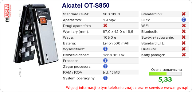 Dane telefonu Alcatel OT-S850