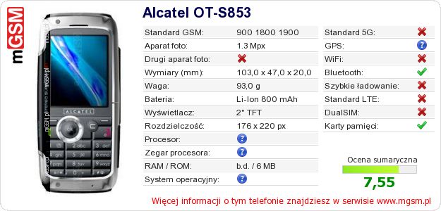 Dane telefonu Alcatel OT-S853 Dane telefonu Alcatel OT-S853