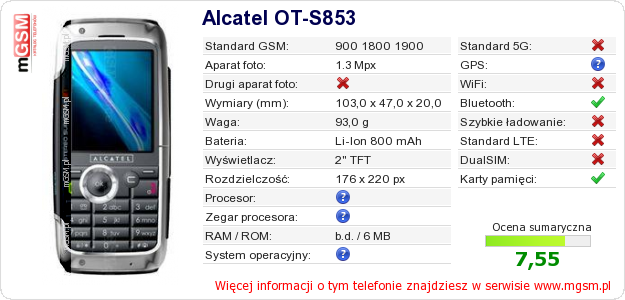 Dane telefonu Alcatel OT-S853 Dane telefonu Alcatel OT-S853