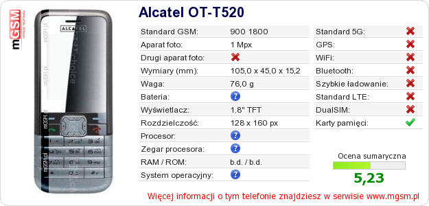 Dane telefonu Alcatel OT-T520