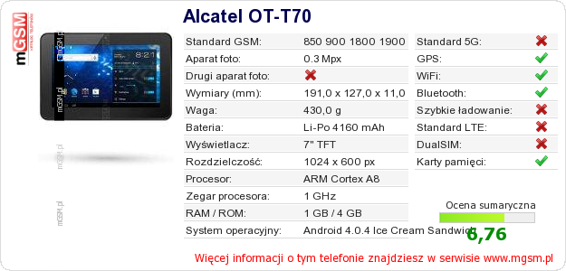 Dane telefonu Alcatel OT-T70 Dane telefonu Alcatel OT-T70