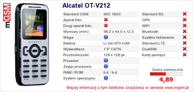 Dane telefonu Alcatel OT-V212 Dane telefonu Alcatel OT-V212