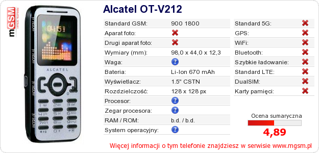 Dane telefonu Alcatel OT-V212