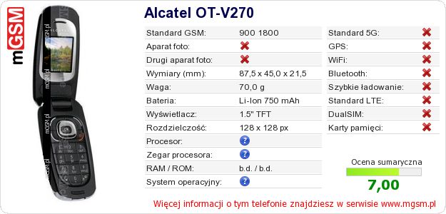 Dane telefonu Alcatel OT-V270
