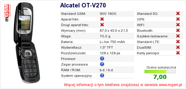 Dane telefonu Alcatel OT-V270