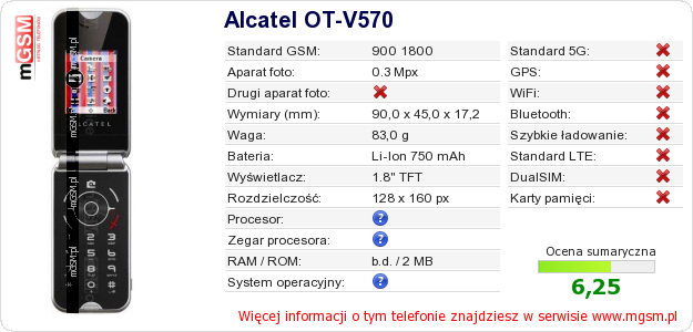Dane telefonu Alcatel OT-V570