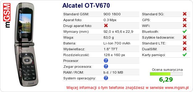 Dane telefonu Alcatel OT-V670