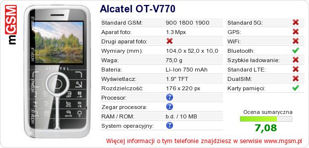 Dane telefonu Alcatel OT-V770 Dane telefonu Alcatel OT-V770