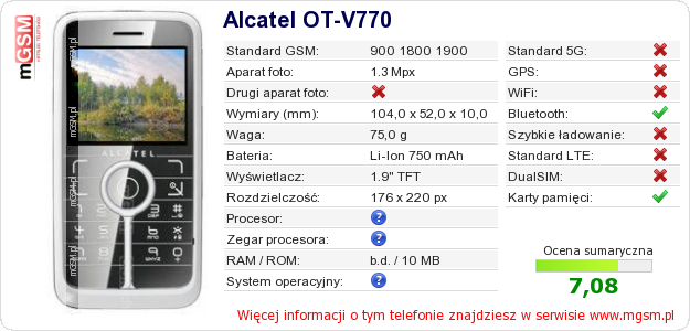Dane telefonu Alcatel OT-V770