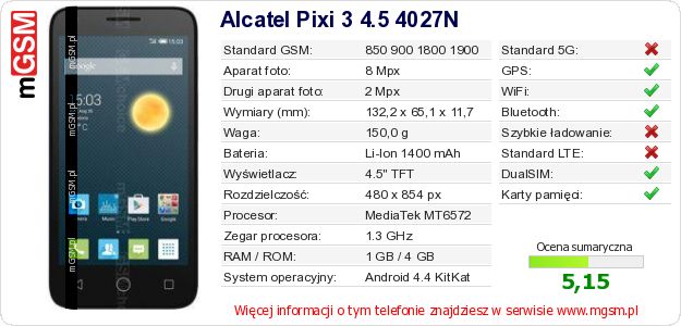 Dane telefonu Alcatel Pixi 3 4.5 4027N Dane telefonu Alcatel Pixi 3 4.5 4027N