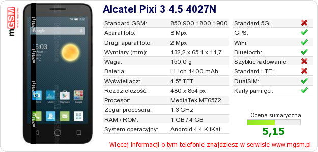 Dane telefonu Alcatel Pixi 3 4.5 4027N