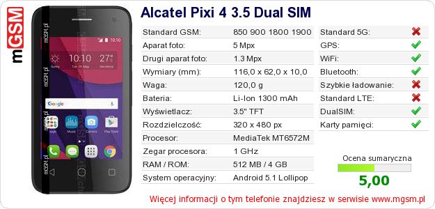 Dane telefonu Alcatel Pixi 4 3.5 Dual SIM Dane telefonu Alcatel Pixi 4 3.5 Dual SIM