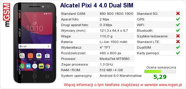 Dane telefonu Alcatel Pixi 4 4.0 Dual SIM Dane telefonu Alcatel Pixi 4 4.0 Dual SIM
