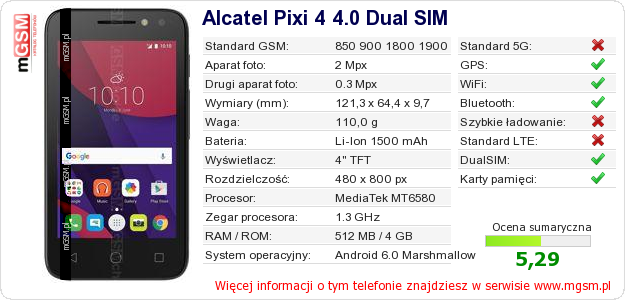 Dane telefonu Alcatel Pixi 4 4.0 Dual SIM Dane telefonu Alcatel Pixi 4 4.0 Dual SIM