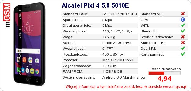Dane telefonu Alcatel Pixi 4 5.0 5010E