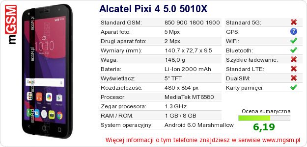 Dane telefonu Alcatel Pixi 4 5.0 5010X Dane telefonu Alcatel Pixi 4 5.0 5010X