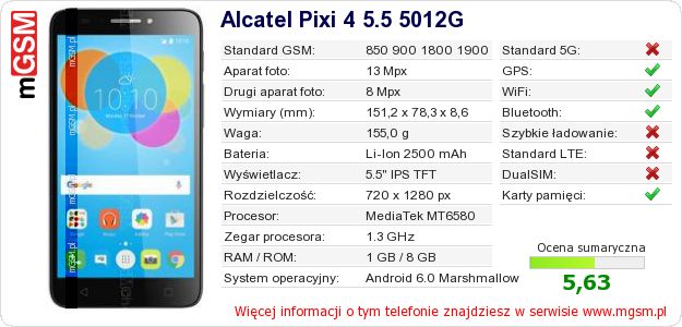 Dane telefonu Alcatel Pixi 4 5.5 5012G Dane telefonu Alcatel Pixi 4 5.5 5012G
