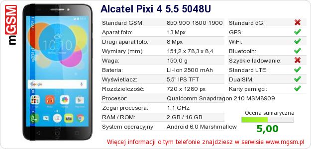 Dane telefonu Alcatel Pixi 4 5.5 5048U Dane telefonu Alcatel Pixi 4 5.5 5048U