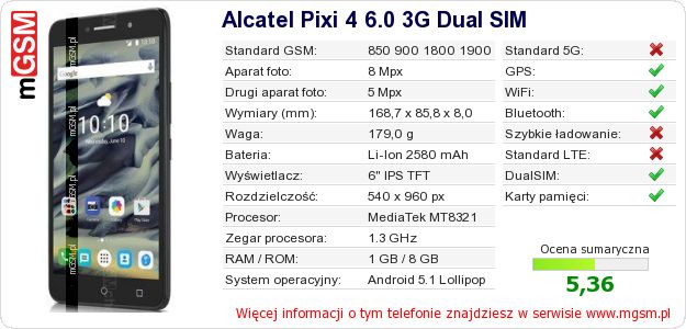 Dane telefonu Alcatel Pixi 4 6.0 3G Dual SIM